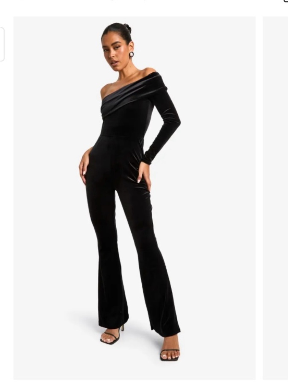New Women Large Black Velvet Assymetrical One Shoulder Jumpsuit